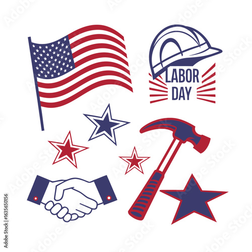 Labor Day Icon Set with American Flag and Tools