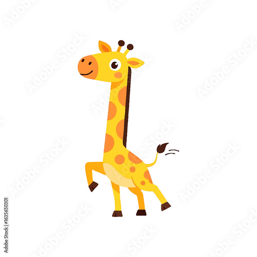 A cheerful cartoon yellow giraffe with orange spots is shown standing on three legs with one leg lifted and its tail wagging.