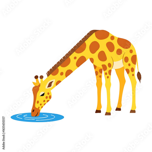 A cartoon giraffe with yellow and brown spots is drinking water from a small blue puddle.