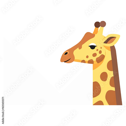 A cute, stylized illustration of a smiling giraffe's head and neck against a white background.