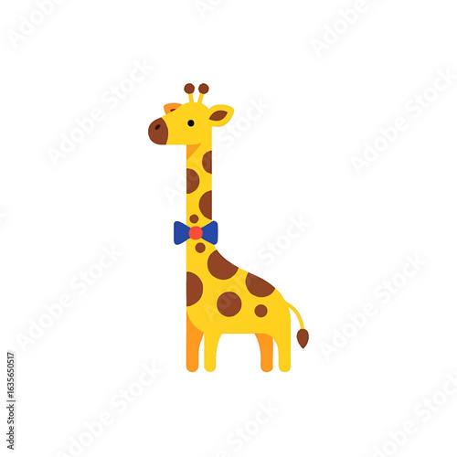 A cute cartoon giraffe with brown spots wearing a dapper blue bow tie.