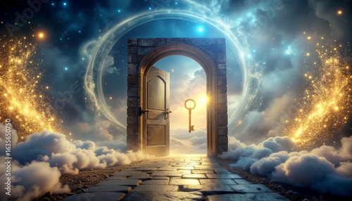 A mystical stone doorway stands half-open on a path of clouds and light, with a golden key floating in front of it.