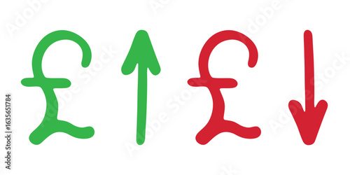 Hand drawn british pound currency symbol Growth and fall profit with arrow up and down Brush stroke doodle Element for design