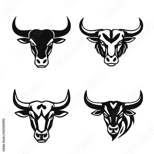 Bull head logo collection, strong animal emblem, angry bull face, horned beast icon, vector illustration