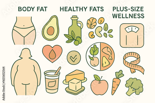 body fat vector, healthy fats icon, plus size wellness icons, healthy nutrition icon, wellness icons set, body-positive symbols, 
