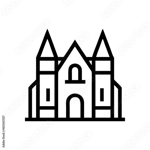 Minimalist black and white linear icon of a Gothic-style mansion