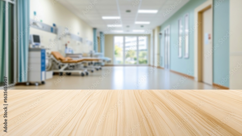 Fototapeta premium Empty wooden table hospital hallway blurred background