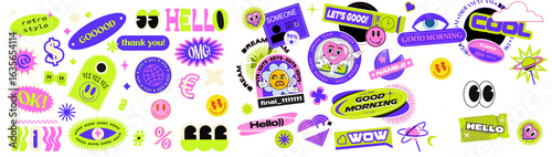 Colorful Trendy Retro Sticker Pack – 90s-Inspired Fun Icons and Phrases. Catchphrase sign, Groovy text slogan. Geometric element. Brutalism aesthetic. Flat vector illustration.