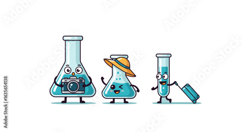 Cute cartoon lab flasks on a fun adventure capturing memories and traveling the world