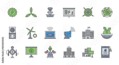 A collection of modern flat line icons for ecology, renewable energy, and technology. This set features green, blue, and grey colored symbols with clean black o