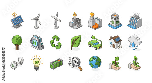 Vector Icons Set of Isometric icon collection of renewable energy and environmental symbols including solar wind and hydro power. Vector Illustrations. EPS Editable