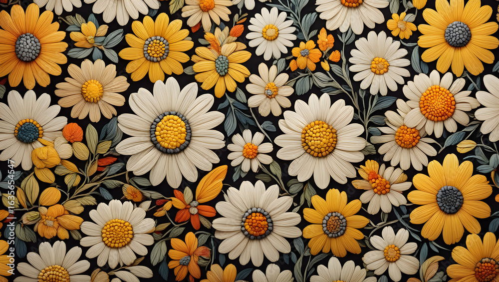 A vibrant seamless pattern of blooming yellow daisies, sunflowers, and chamomile flowers, evoking a beautiful summer garden A vibrant seamless pattern of blooming yellow daisies, sunflowers, and chamomile flowers, evoking a beautiful summer garden