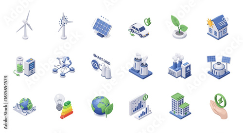 Vector Icons Set of A diverse collection of modern isometric icons for green technology sustainability and renewable energy sources. Vector Illustrations. EPS Editable