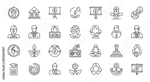 Vector Icons Set of Renewable energy recycling and ecology thin line icons set Environmental conservation and sustainability outline symbols collection. Vector Illustrations. EPS Editable