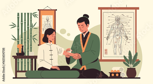 Traditional Chinese Medicine Practitioner Applying Acupressure Treatment to a Woman