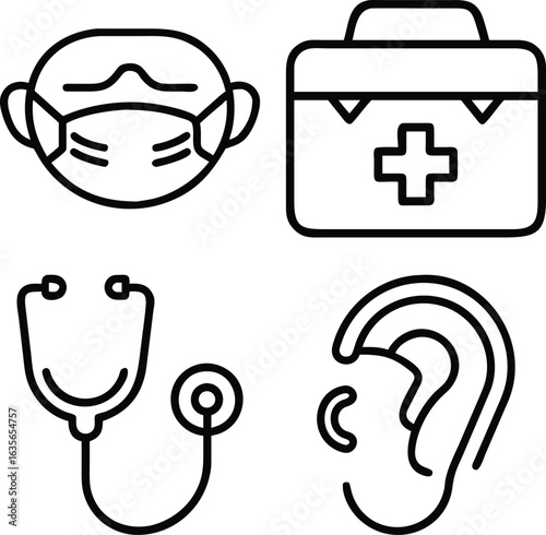 A set of four simple line art icons representing medical equipment and healthcare, including a masked face, first aid kit, stethoscope, and ear.