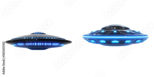 Futuristic flying saucer with blue lights showcasing advanced technology isolated on transparent background