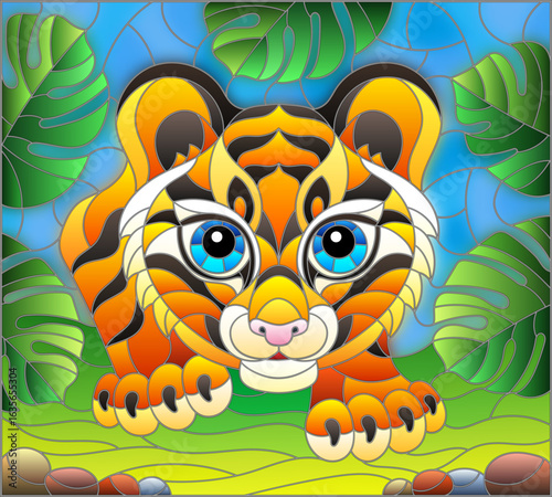 An illustration in stained glass style with baby tiger on the hunt, animal on the background of tropical leaves