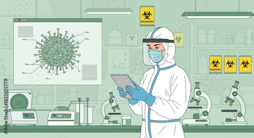 Analyzing Virus Sample In Laboratory Wearing Protective Hazmat Suit