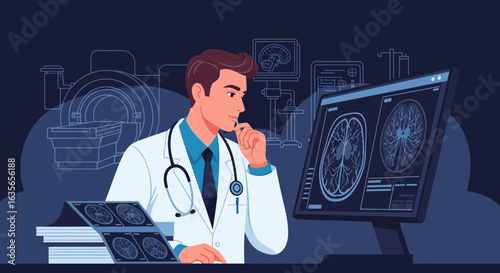 Doctor Analyzing Brain Scans For Diagnosis In Hospital Illustration
