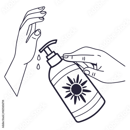Close up of hands applying sunscreen from a pump bottle with a sun logo on a black background