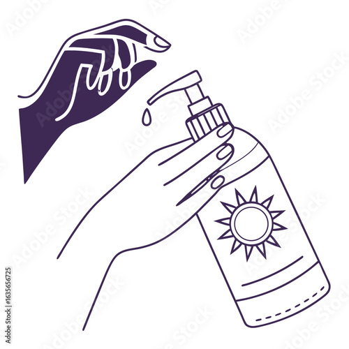 Close up of hands dispensing lotion from a bottle with a sun symbol representing skincare and sun protection