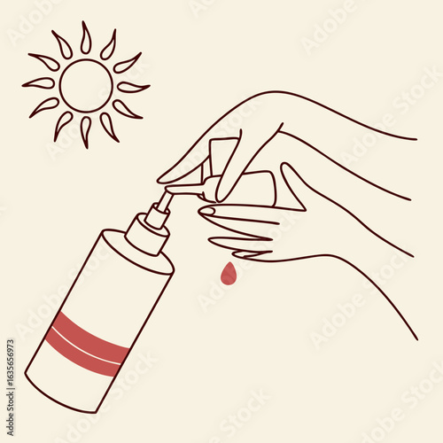 Hands applying sunscreen from a pump bottle under a stylized sun symbolizing sun protection and skincare