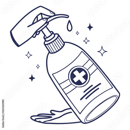 Hand sanitizing with a pump bottle dispensing liquid onto a clean palm surrounded by sparkling stars
