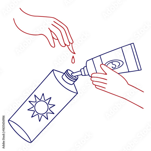 Illustration of hands dispensing sunscreen from a tube onto another tube with a sun symbol