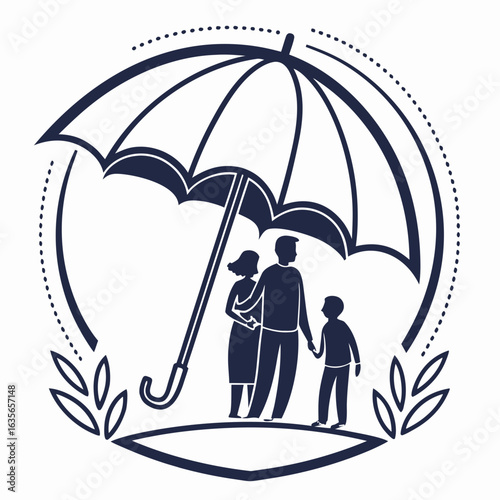 Stylized dark blue silhouette of a family under an umbrella within a decorative circular frame symbolizing protection and security