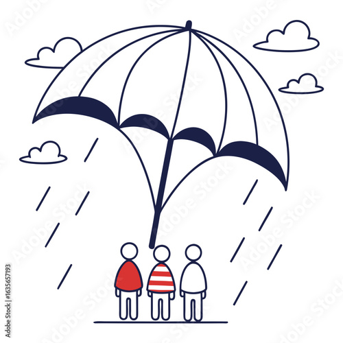 Three diverse stick figures stand together under a large umbrella protecting them from falling rain and clouds