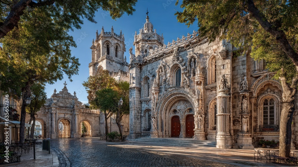 Fototapeta premium 16th-century Portuguese Manueline church facade in bright daylight