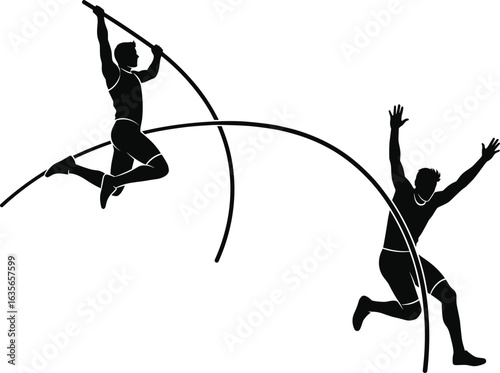 Pole vault silhouette, athlete in motion, mid-air jump, landing pose, sports action, track and field, dynamic movement, vector illustration
