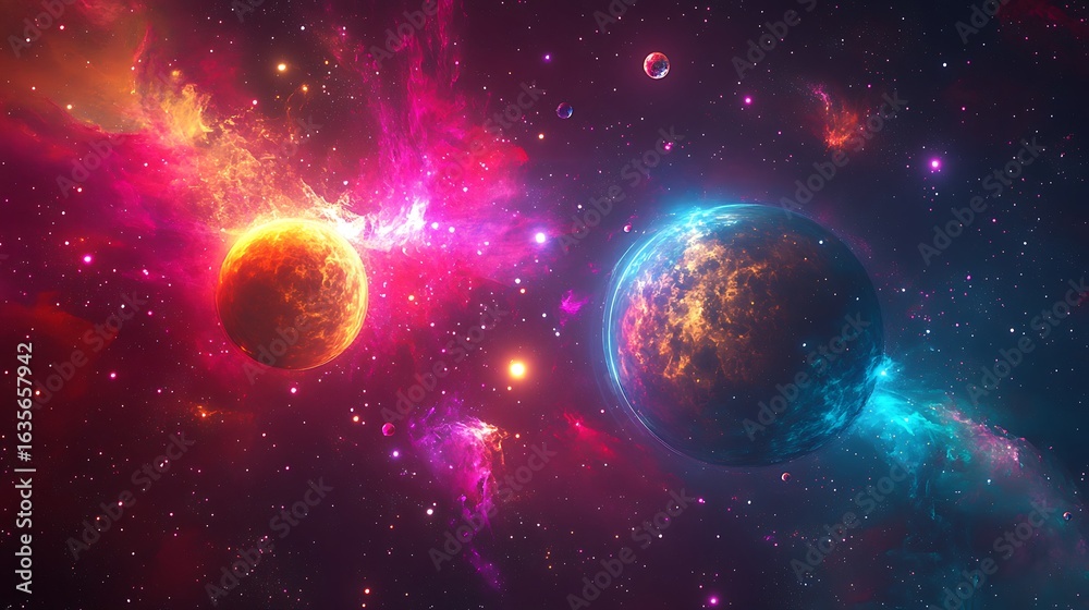 Naklejka premium Vibrant cosmos scene with two planets amid colorful nebulae stars and dust for science fiction space exploration astronomy education universe imagination fantasy concept