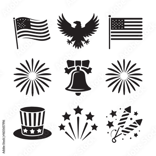 Collection of american patriotic symbols and celebration icons, including fireworks, flags, an eagle, and uncle sams hat, isolated on white background