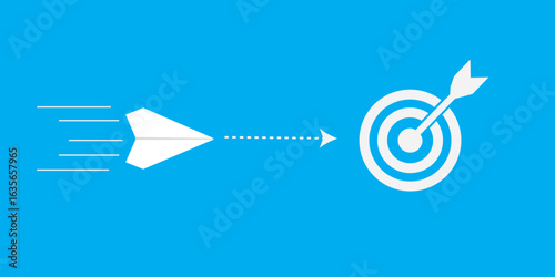 Minimalist vector illustration of paper airplane, target, and arrow on blue background