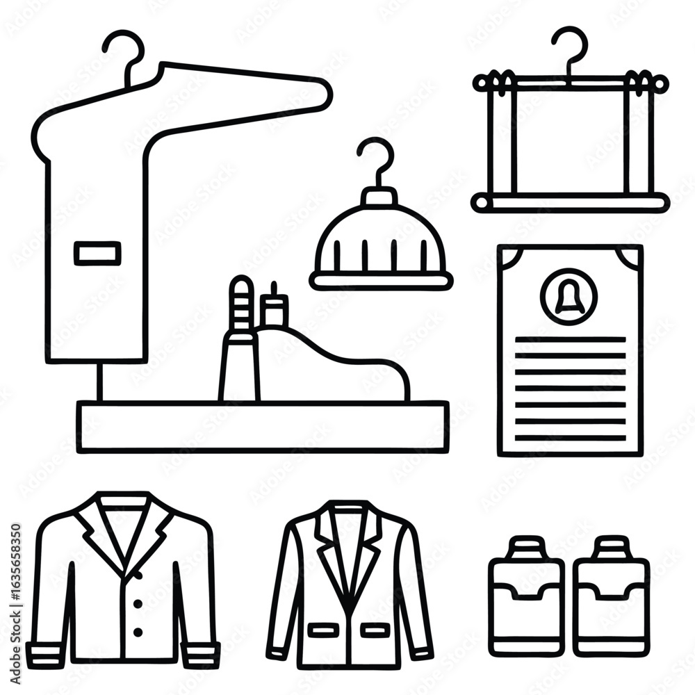 Flat Line Icons of Clothing, Garment Hangers, and Accessories Flat Line Icons of Clothing, Garment Hangers, and Accessories