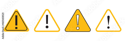 Set warning sign, alert icon. Danger warning attention sign. Exclamation point on yellow sign. Vector illustration on white background.