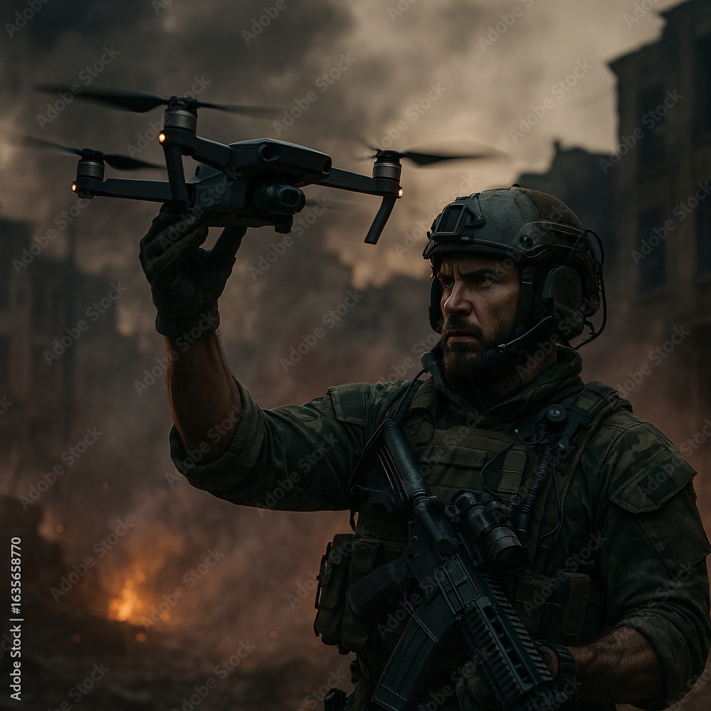 Cinematic Ultra-Detailed Portrait of Elite Special Forces Soldier Deploying Combat Drone in Smoky Urban Battlefield at Dusk Cinematic Ultra-Detailed Portrait of Elite Special Forces Soldier Deploying Combat Drone in Smoky Urban Battlefield at Dusk