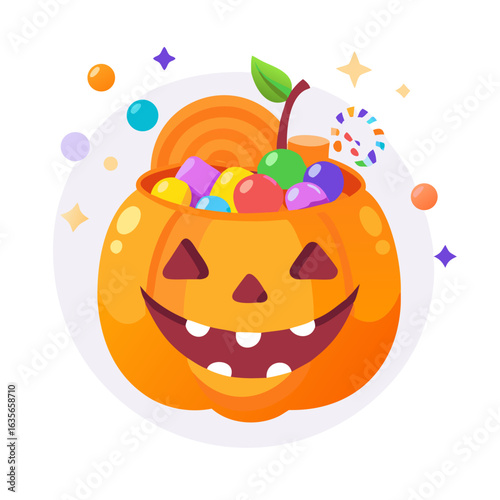 Halloween pumpkin bucket filled with candy isolated on white background