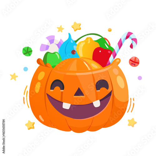 Halloween pumpkin bucket filled with candy isolated on white background