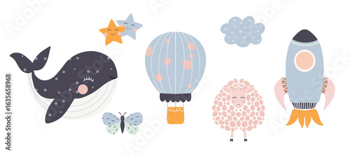 vector illustration of a set of balloon, animals, stars. Holiday, birthday, baby shower icons.