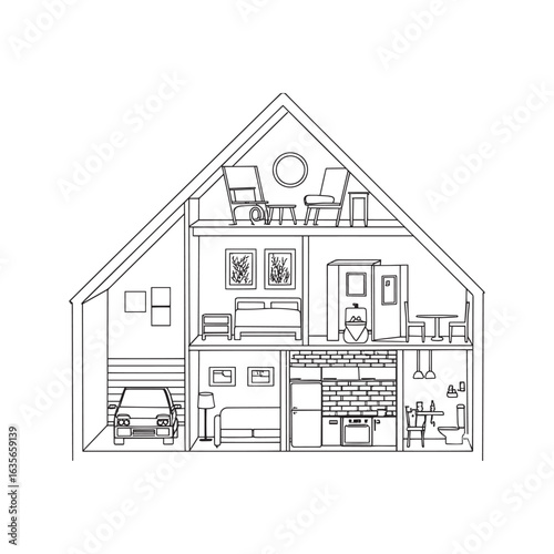 House cross-section outline drawing. Detailed home interior with rooms, furniture, and garage. Building in cut view, architecture plan vector illustration.

