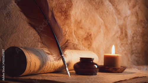 Vintage desk setup with a feather quill and inkwell on aged parchment.