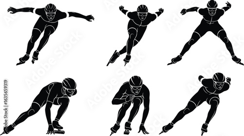Speed skating silhouette, dynamic skater pose, athletic movement, ice sport, helmet gear, skating technique, agility, frozen motion, racing stance, performance
