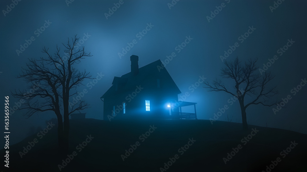 Eerie House on a Foggy Hilltop at Night Eerie House on a Foggy Hilltop at Night