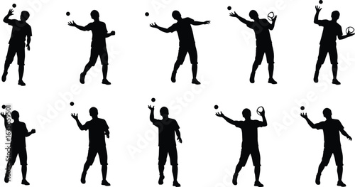 Tennis player silhouettes with racket and ball, dynamic poses, sports action, serve motion, athletic movement, coordination, fitness, competitive game