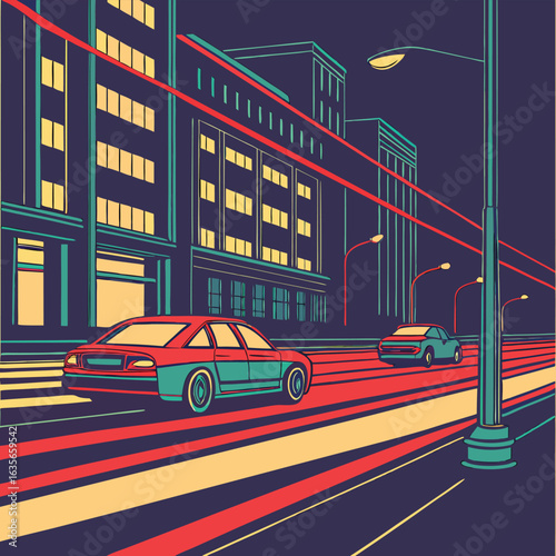 City Lights: A stylized depiction of urban life at night. Cars navigate through a city street with illuminated lines, creating a vibrant, dynamic urban atmosphere.