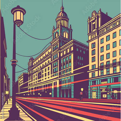 Cityscape Illustration: A retro-style illustration presents a city street lined with buildings and a vintage street lamp.