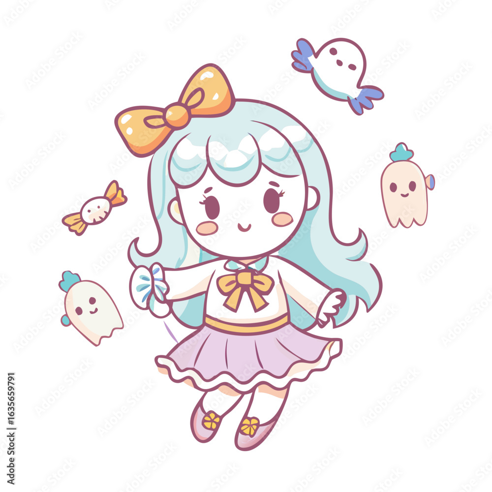 Cute cartoon girl with ghosts and candy isolated on white background Cute cartoon girl with ghosts and candy isolated on white background